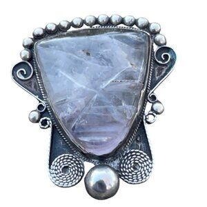 Vintage Sterling Silver Signed Warrior Mask Amethyst Brooch Intricate Filigree D